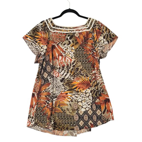 COCOMO Novelty Leopard Cat Tribal Short Sleeve Stretch Top Mob Wife SIZE 1X - Picture 2 of 9